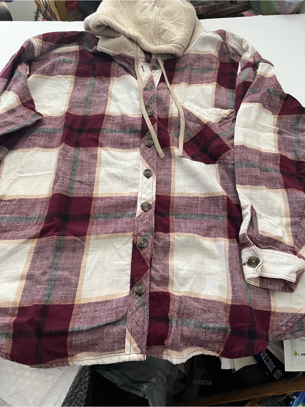 Maurice’s Women’s Plaid Flannel Shirt w/Sherpa Lined Hood in Burgundy and Cream